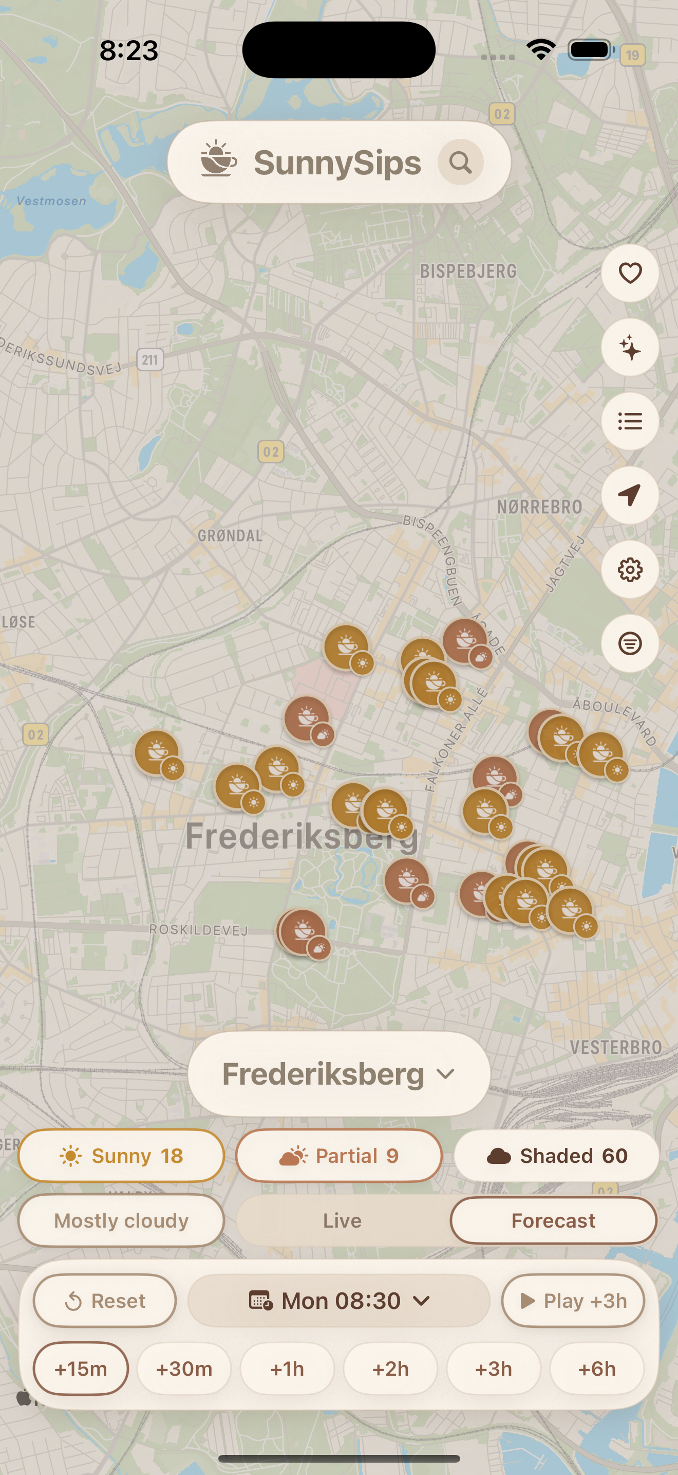 SunnySips forecast mode with timeline jumps and next-3-hours preview