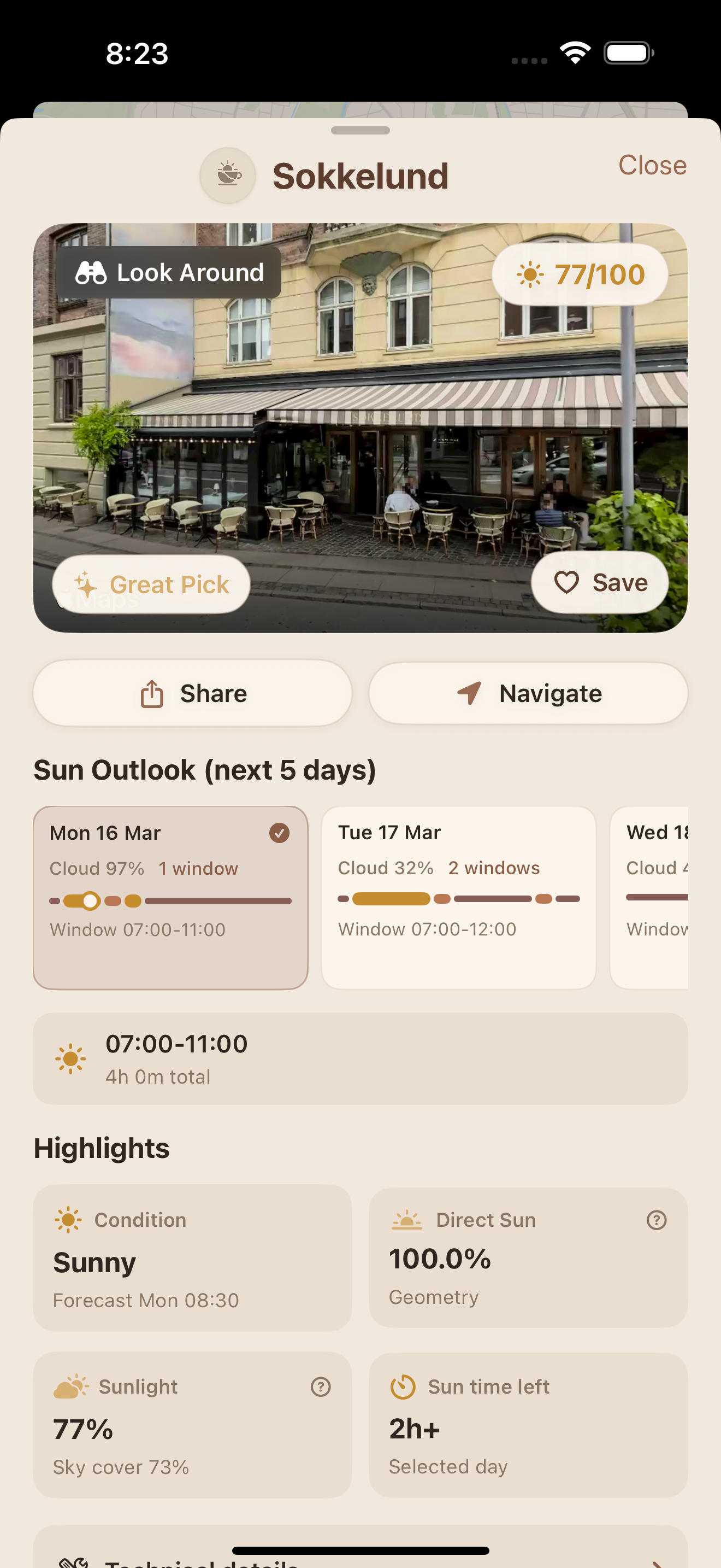 SunnySips cafe detail view with rating, highlights, and navigation actions