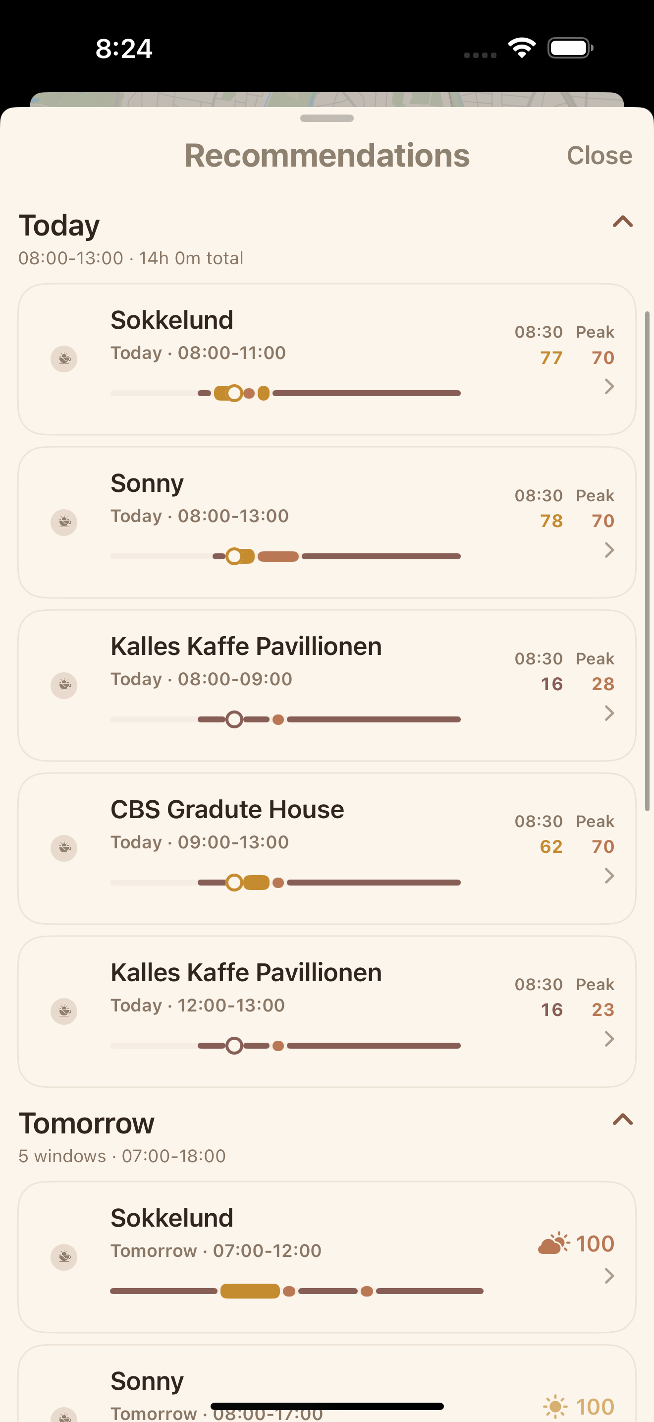 SunnySips saved recommendations view showing return windows for today and tomorrow