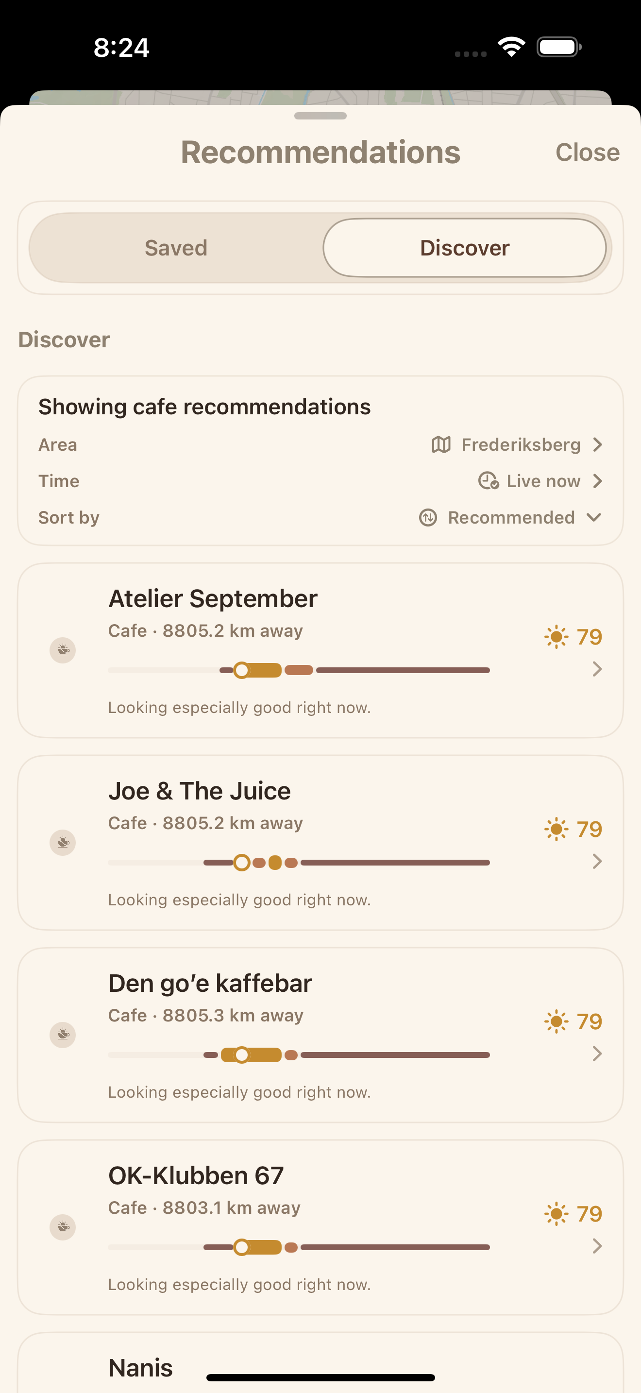 SunnySips discover recommendations view showing nearby picks with live scores