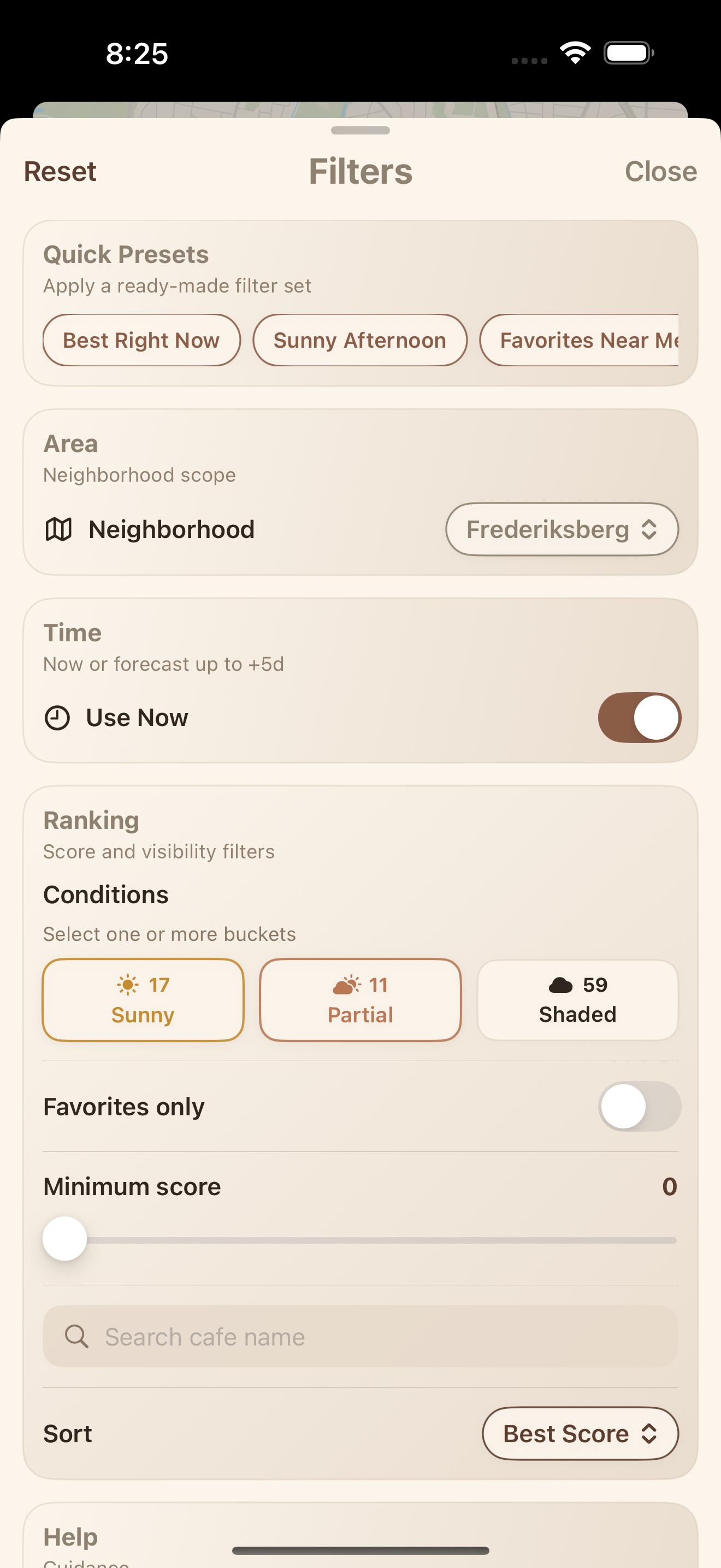 SunnySips filters sheet with forecast controls, ranking, and favorites filter