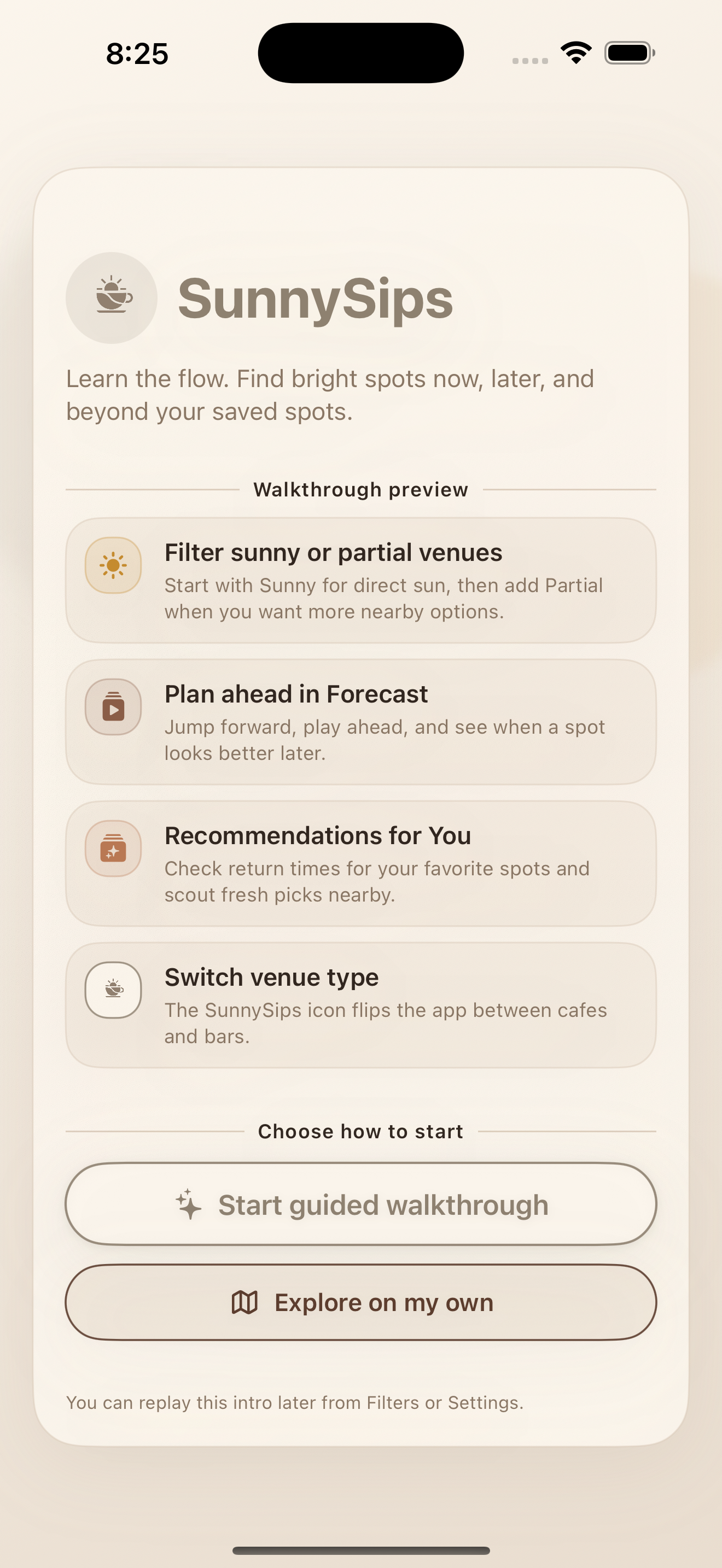 SunnySips walkthrough preview screen