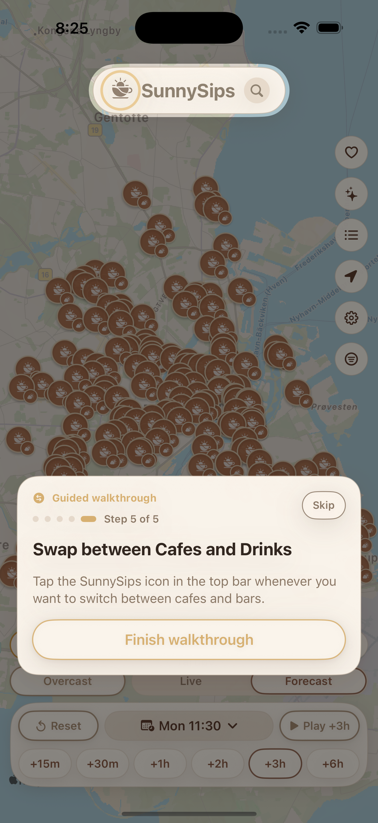 SunnySips walkthrough step explaining the cafe to drinks switch