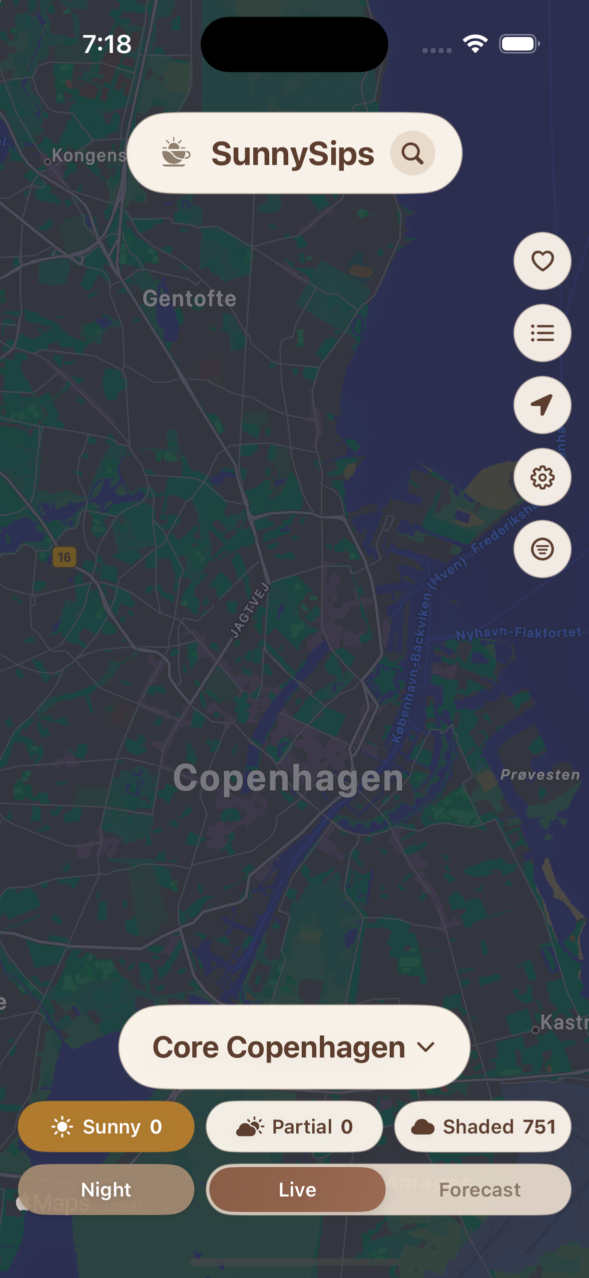 Sunny Sips iPhone app showing cafe discovery on a Copenhagen map